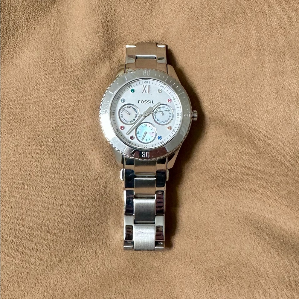 Fossil Silver Chronograph Watch with Multicolored Rhinestones